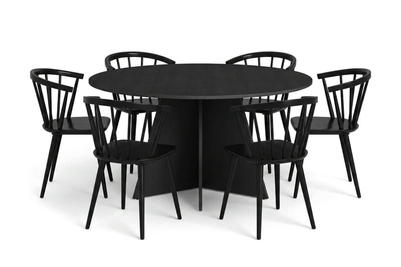 Vera spisegruppe rund 150 cm sort med 6 Tyrö-spisestole, Sortbejdset eg