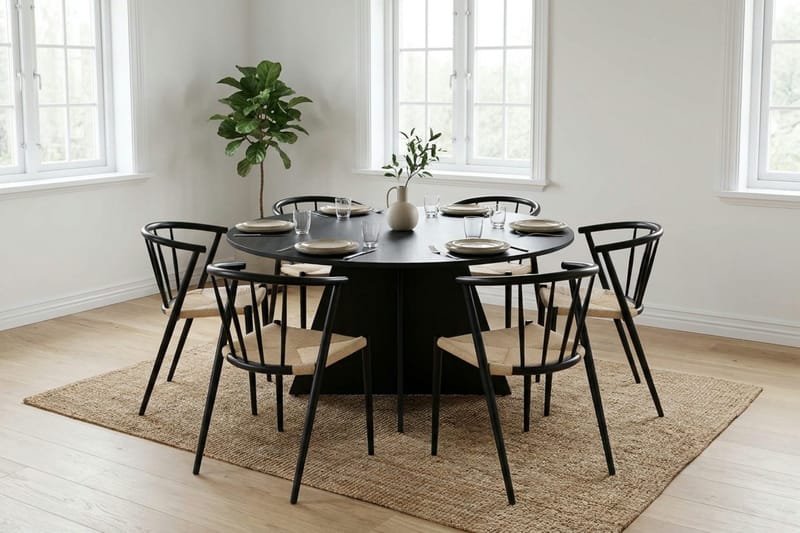 Vera spisegruppe rund 150 cm sort med 6 Winston-spisestole - Sort - Møbler - Borde - Spisebordssæt