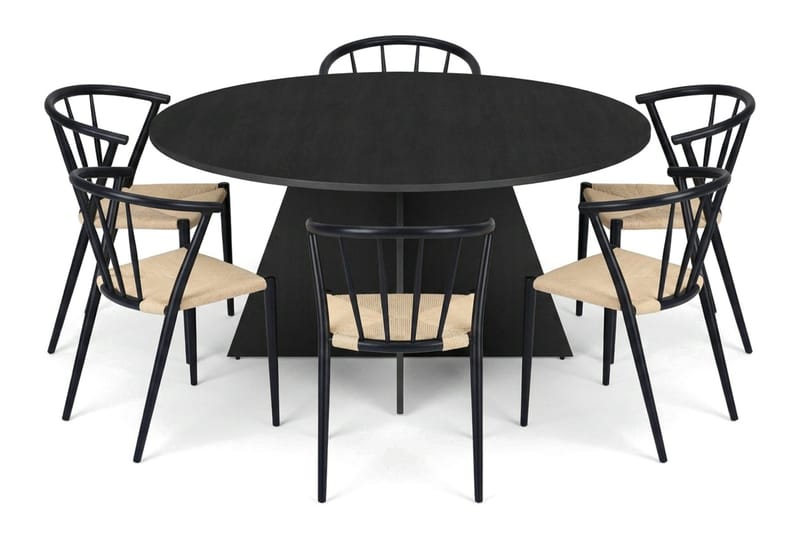 Vera spisegruppe rund 150 cm sort med 6 Winston-spisestole, Sort