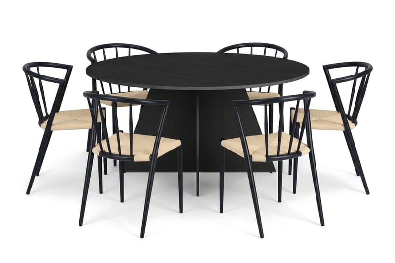 Vera spisegruppe rund 150 cm sort med 6 Winston-spisestole - Sort - Møbler - Borde - Spisebordssæt