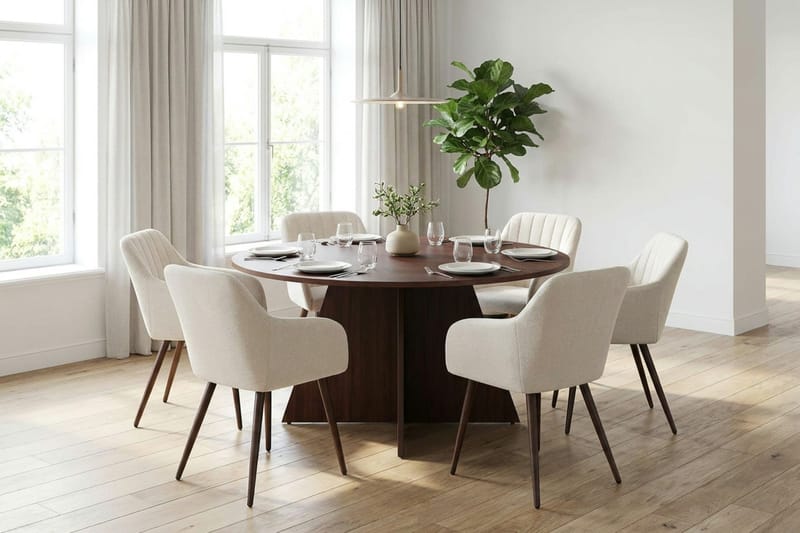 Vera spisegruppe rund 150 cm valnød med 6 Filippa spisebordsstole - Valnød - Møbler - Borde - Spisebordssæt