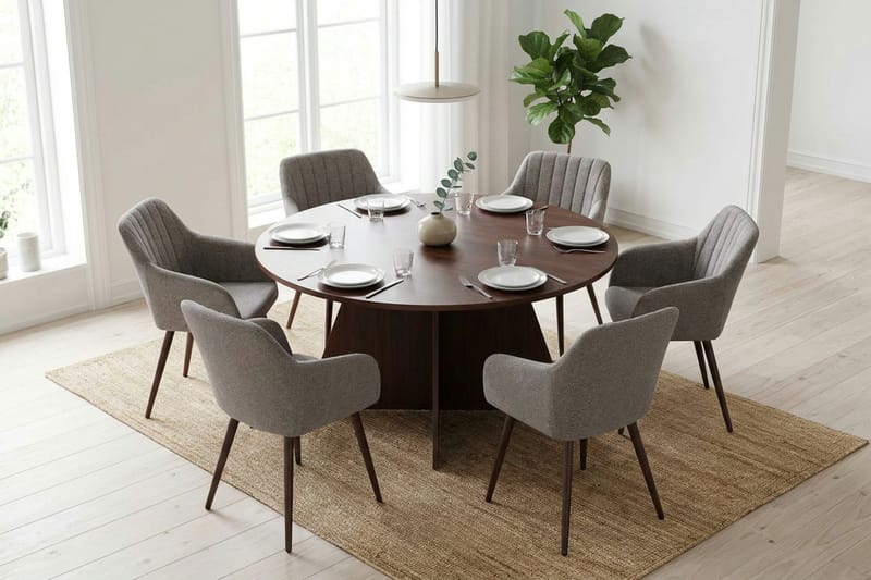 Vera spisegruppe rund 150 cm valnød med 6 Filippa spisebordsstole - Valnød - Møbler - Borde - Spisebordssæt