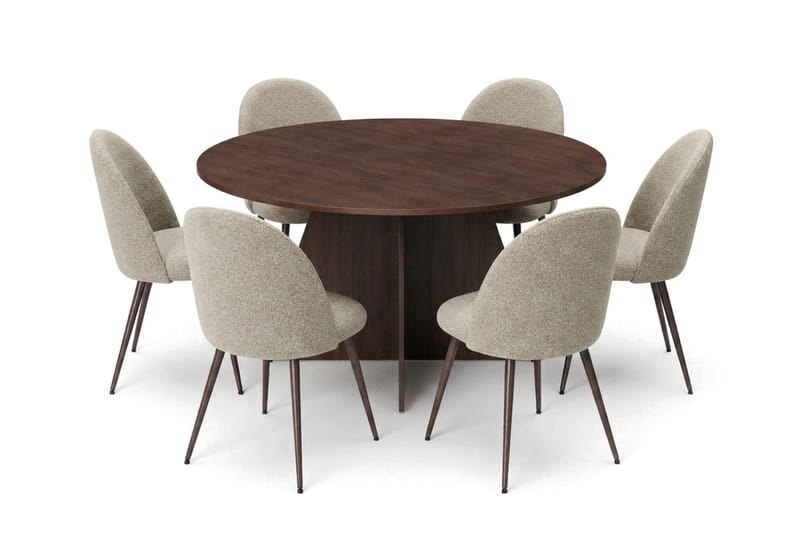 Vera spisegruppe rund 150 cm valnød med 6 Nibe Plus-spisestole, Valnød