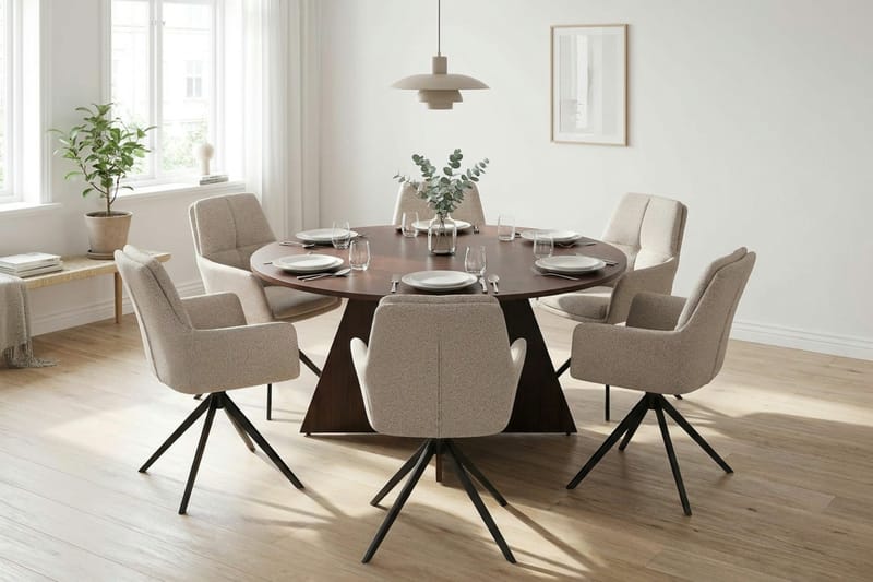 Vera spisegruppe rund 150 cm valnød med 6 Torsby-spisestole - Valnød - Møbler - Borde - Spisebordssæt