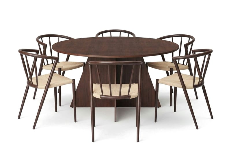 Vera spisegruppe rund 150 cm valnød med 6 Winston-spisestole, Valnød