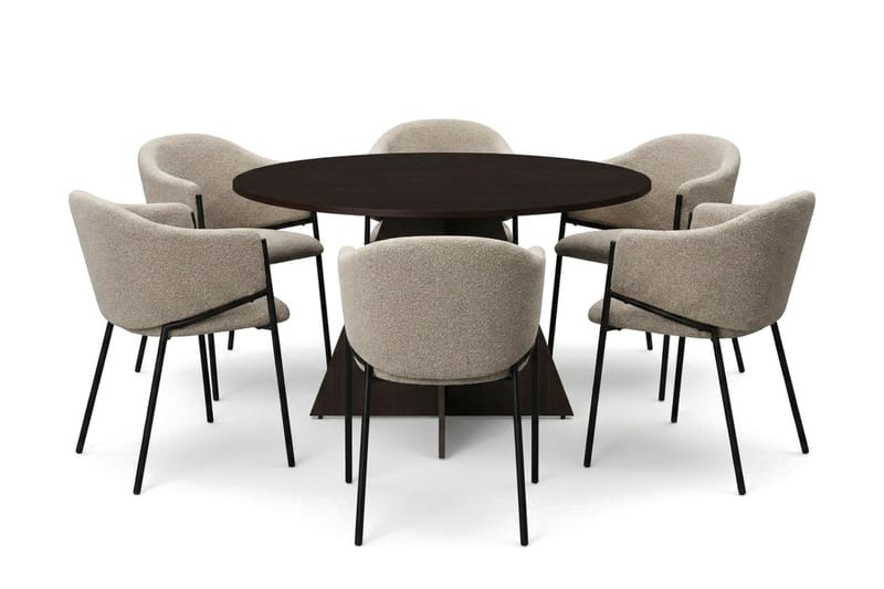 Vera spisegruppe rundt 130 cm røget eg med 6 Filip spisebordsstole, Røget eg