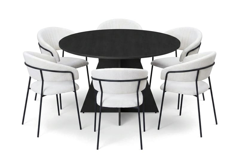 Vera spisegruppe rundt 130 cm sort med 6 Karol spisebordsstole, Sort