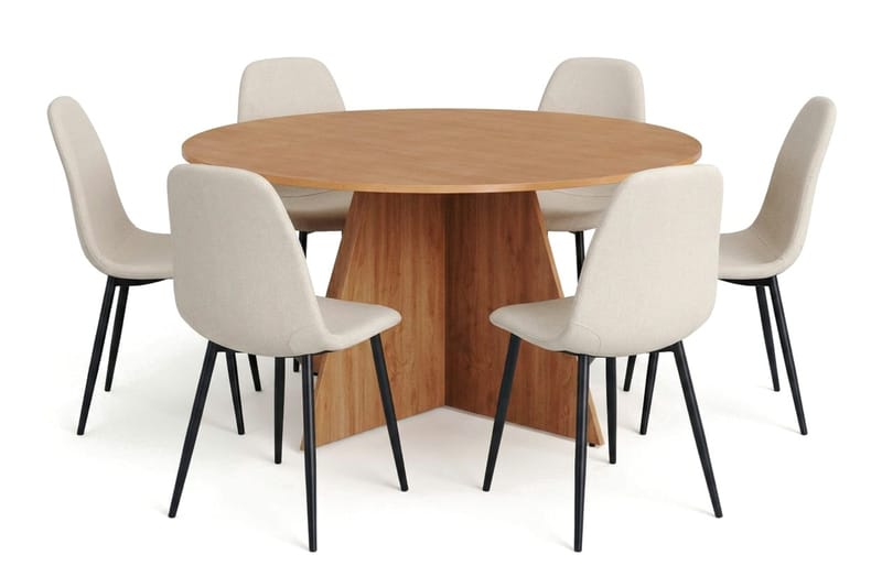 Vera spisegruppe rundt 150 cm eg med 6 Nibe spisebordsstole, Eg