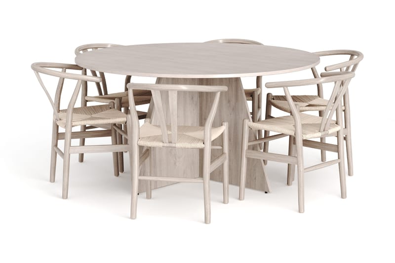 Vera spisegruppe rundt 150 cm hvidlaseret med 6 Dastoori spisebordsstole, Hvidbejdset eg