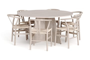 Vera spisegruppe rundt 150 cm hvidlaseret med 6 Dastoori spisebordsstole