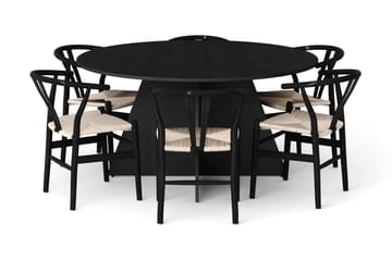 Vera spisegruppe rundt 150 cm sort med 6 Dastoori spisebordsstole - Sortbejdset eg - Møbler - Borde - Spisebordssæt