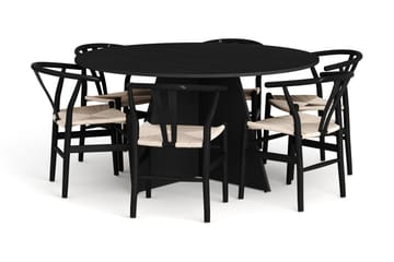 Vera spisegruppe rundt 150 cm sort med 6 Dastoori spisebordsstole - Sortbejdset eg - Møbler - Borde - Spisebordssæt