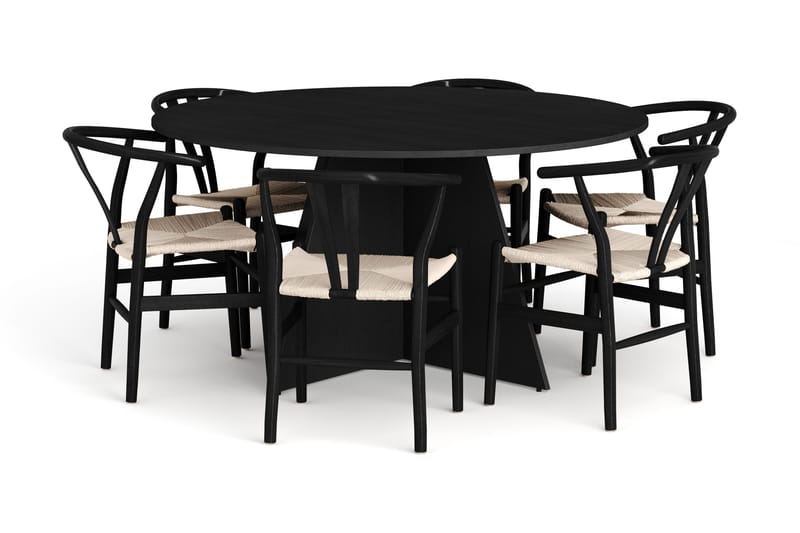 Vera spisegruppe rundt 150 cm sort med 6 Dastoori spisebordsstole, Sortbejdset eg