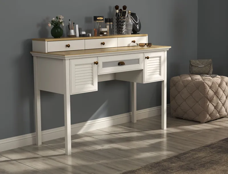 Virena Sminkebord 132 cm - Creme, eg, grå - Møbler - Borde - Sminkebord & konsolbord