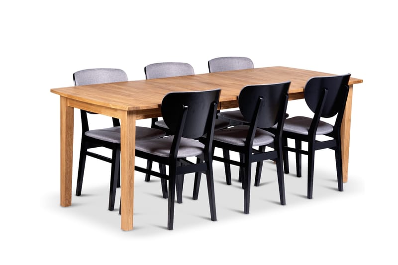 Visby Udtræksbar Spisegruppe 160-210 cm Oval med 6 Borgholm Stole i massivt træ - Natur/Sort - Møbler - Borde - Spisebordssæt