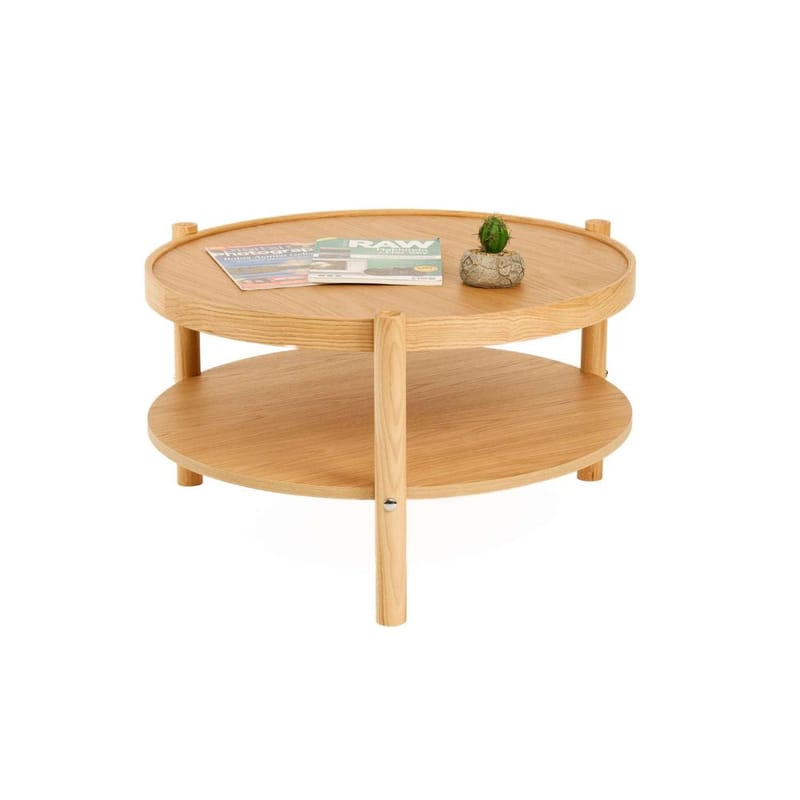 Vornel 80 cm Rundt Sofabord med Hylder i Lyst Træ, Beige