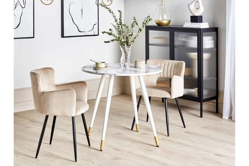 Wellon Lille Rundt Spisebord 80 cm med Marmor- og Metaludseende - Hvid|Guld - Møbler - Borde - Spisebord og køkkenbord