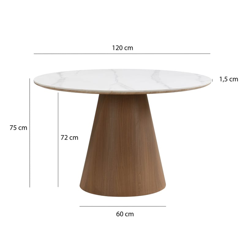 Zelnor rundt spisebord 120 cm med sinteret stenbordplade i marmorlook - hvid marmorlook valnøddelook - Møbler - Borde - Spisebord og køkkenbord