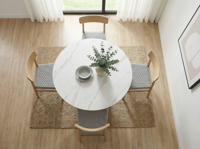Zelnor rundt spisebord 120 cm med sinteret stenbordplade i marmorlook - hvid marmorlook valnøddelook - Møbler - Borde - Spisebord og køkkenbord