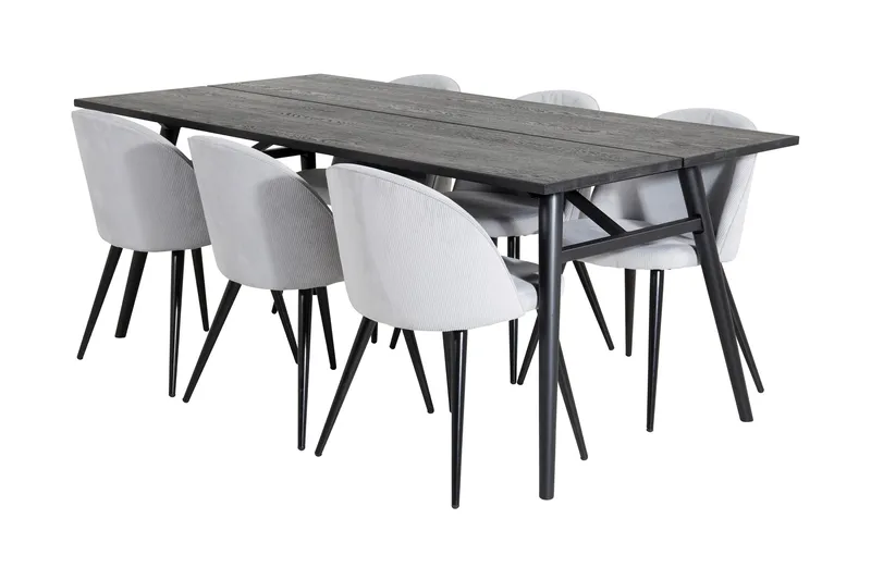 Zenazmi spisesæt 195 cm inkl. 6 Valeri ribfløjlsstole, Sort/Grå