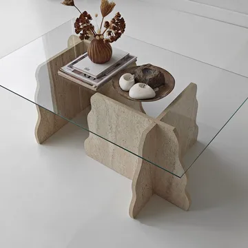 Zevric sofabord 65x105 cm rektangulært glas - Travertin og Transparent - Møbler - Borde - Sofabord