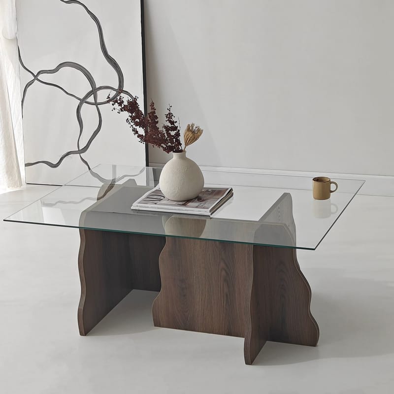 Zevric sofabord 65x105 cm rektangulært glas - Valnød og Transparent - Møbler - Borde - Sofabord