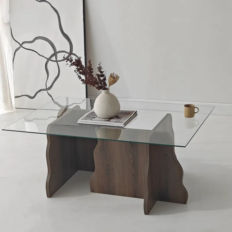 Zevric sofabord 65x105 cm rektangulært glas - Valnød og Transparent - Møbler - Borde - Sofabord