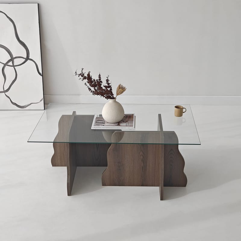 Zevric sofabord 65x105 cm rektangulært glas - Valnød og Transparent - Møbler - Borde - Sofabord