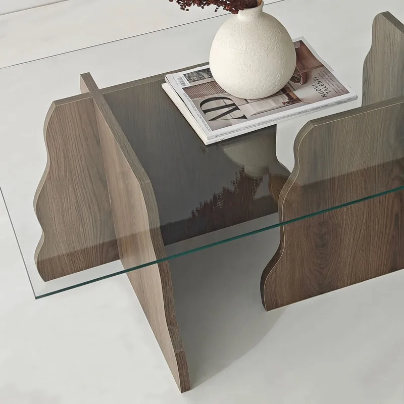 Zevric sofabord 65x105 cm rektangulært glas - Valnød og Transparent - Møbler - Borde - Sofabord