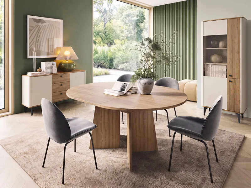 Zeyrin Møbelsæt til stuen - Skænk + Vitrineskab + Spisebord 120 cm - Brun|beige - Møbler - Møbelsæt - Møbelsæt til stuen