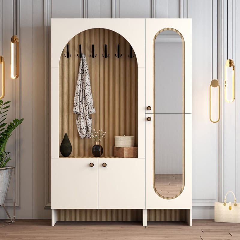 Ayleid entrémøbel med spejl 200 cm - Creme / Eg - Møbler - Entrémøbler - Møbelsæt til hall og entre