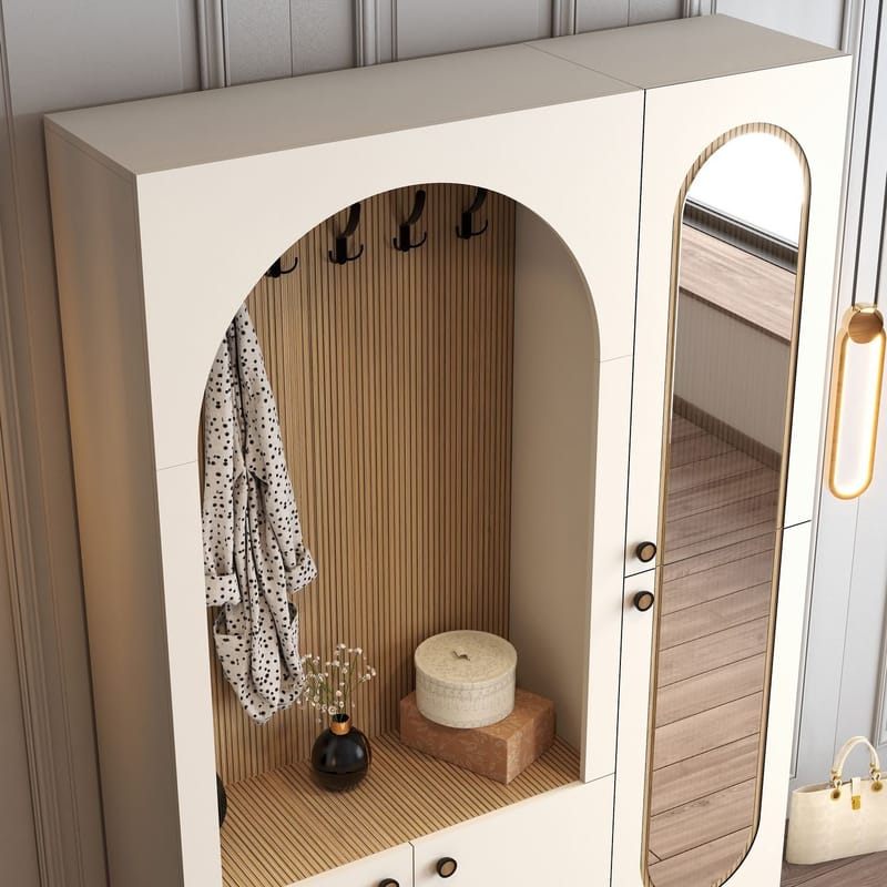 Ayleid entrémøbel med spejl 200 cm - Creme / Eg - Møbler - Entrémøbler - Møbelsæt til hall og entre