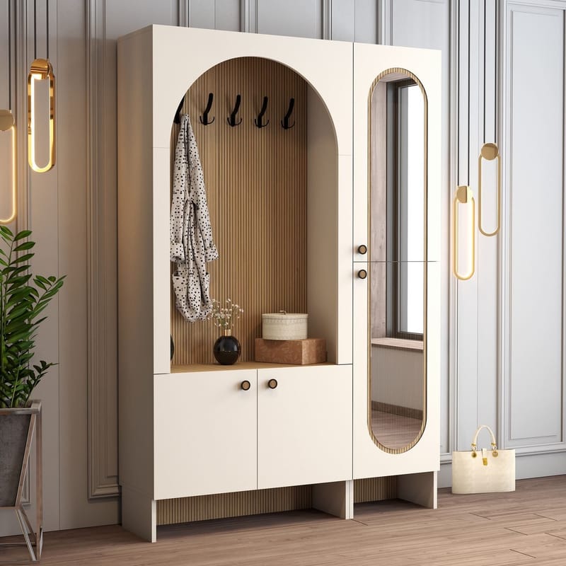 Ayleid entrémøbel med spejl 200 cm - Creme / Eg - Møbler - Entrémøbler - Møbelsæt til hall og entre
