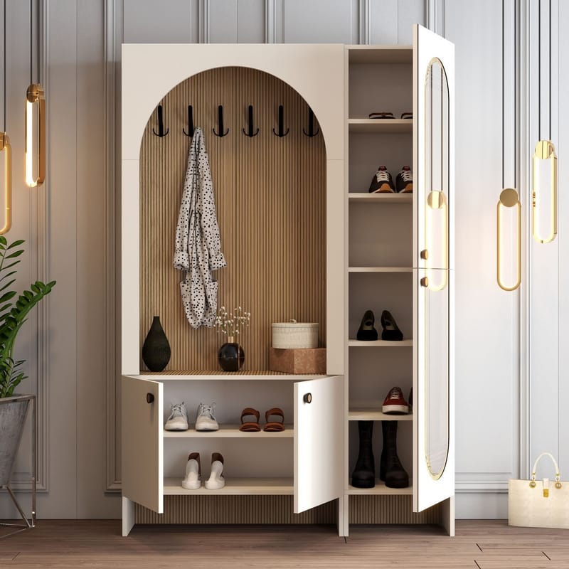 Ayleid entrémøbel med spejl 200 cm - Creme / Eg - Møbler - Entrémøbler - Møbelsæt til hall og entre