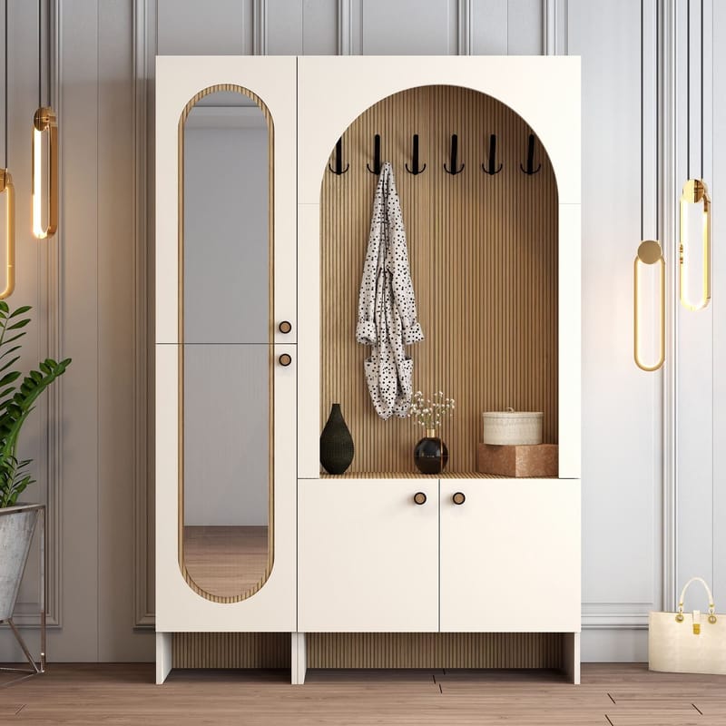 Ayleid entrémøbel med spejl 200 cm - Creme / Eg - Møbler - Entrémøbler - Møbelsæt til hall og entre