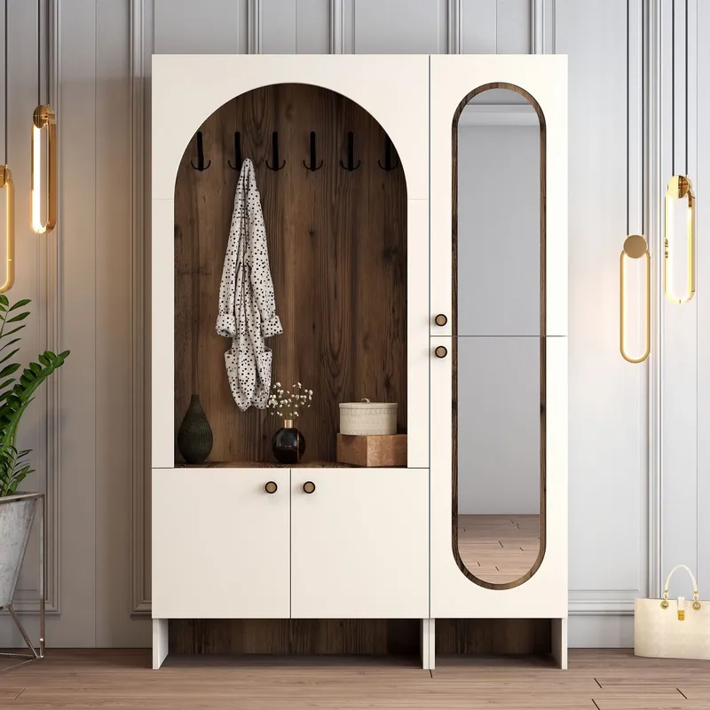 Ayleid entrémøbel med spejl 200 cm - Creme / Valnød - Møbler - Entrémøbler - Møbelsæt til hall og entre