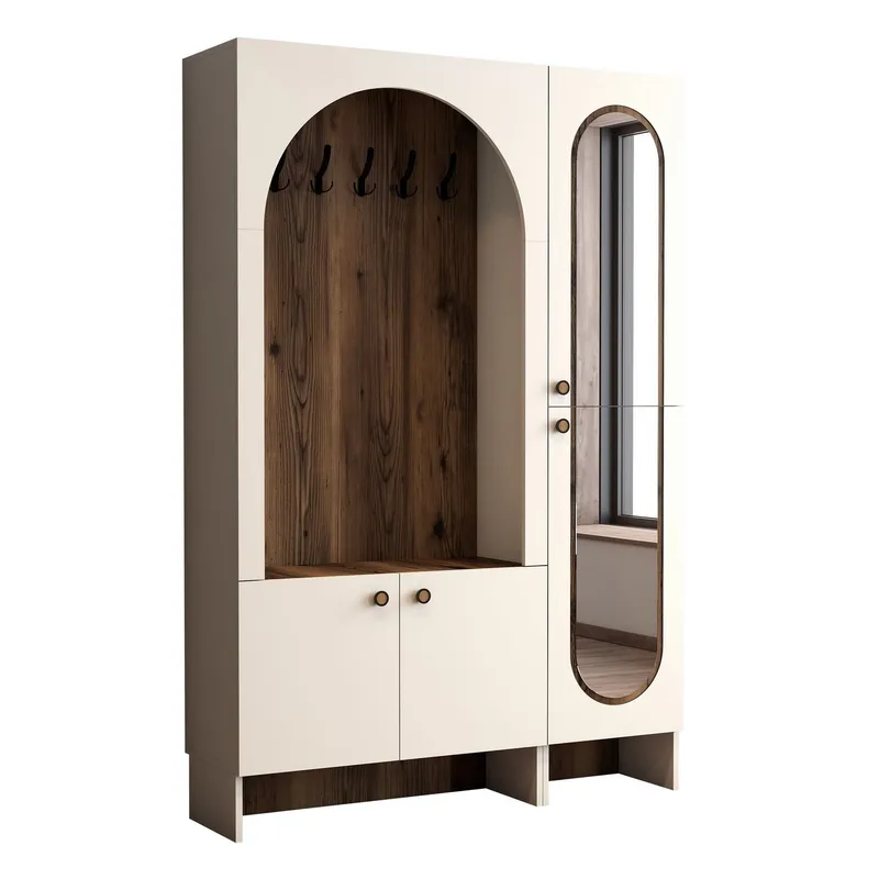 Ayleid entrémøbel med spejl 200 cm, Creme / Valnød