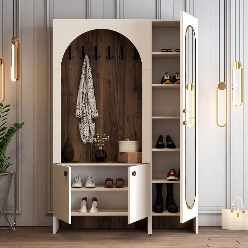 Ayleid entrémøbel med spejl 200 cm - Creme / Valnød - Møbler - Entrémøbler - Møbelsæt til hall og entre