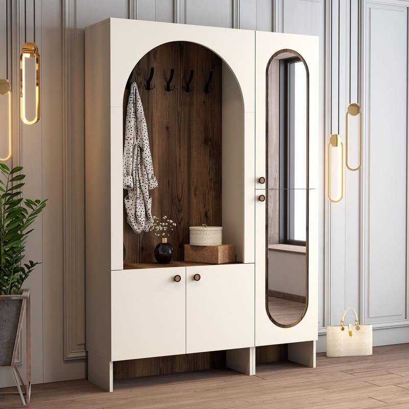 Ayleid entrémøbel med spejl 200 cm - Creme / Valnød - Møbler - Entrémøbler - Møbelsæt til hall og entre