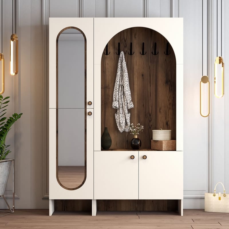 Ayleid entrémøbel med spejl 200 cm - Creme / Valnød - Møbler - Entrémøbler - Møbelsæt til hall og entre