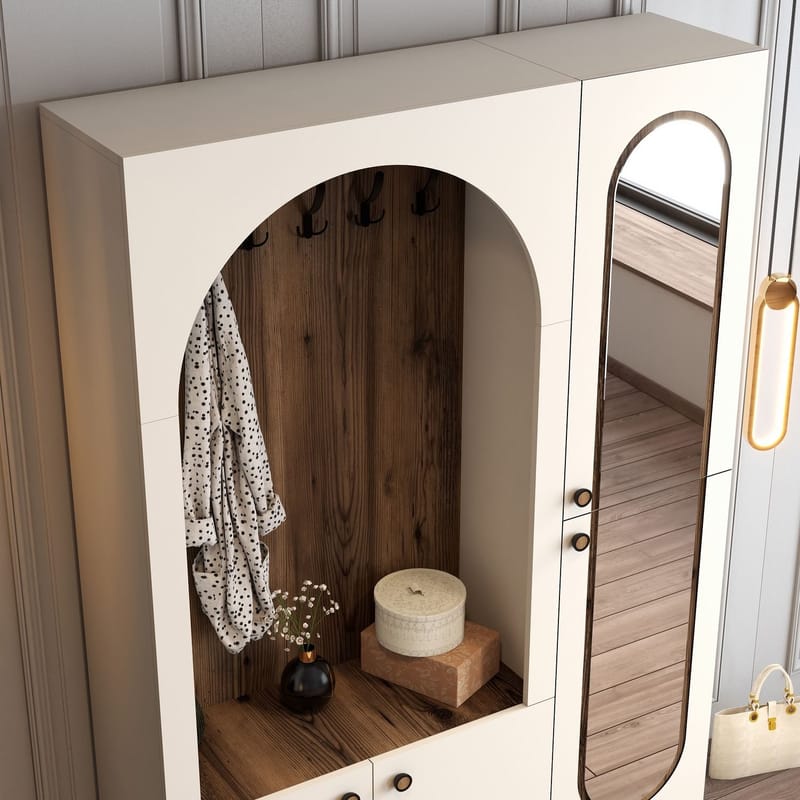 Ayleid entrémøbel med spejl 200 cm - Creme / Valnød - Møbler - Entrémøbler - Møbelsæt til hall og entre