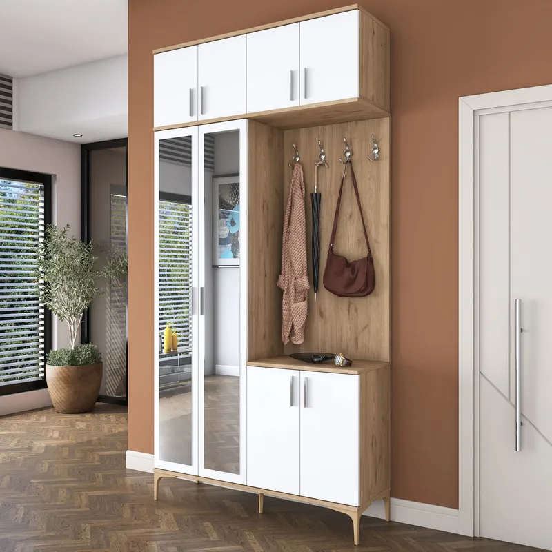 Garderobestativ Wallxpert Fenn EA153 (120 x 240 x 37,5 cm) Valnød Hvid - Valnød og hvid - Møbler - Entrémøbler - Møbelsæt til hall og entre