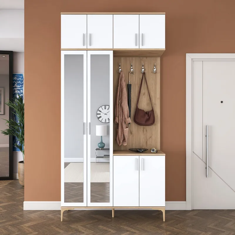 Garderobestativ Wallxpert Fenn EA153 (120 x 240 x 37,5 cm) Valnød Hvid - Valnød og hvid - Møbler - Entrémøbler - Møbelsæt til hall og entre