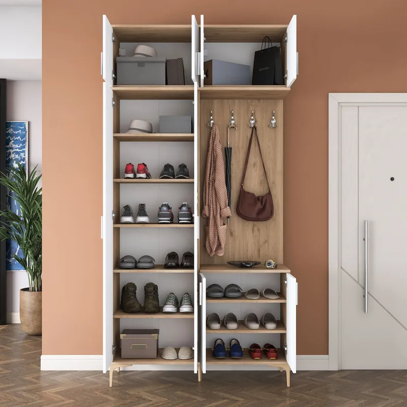 Garderobestativ Wallxpert Fenn EA153 (120 x 240 x 37,5 cm) Valnød Hvid - Valnød og hvid - Møbler - Entrémøbler - Møbelsæt til hall og entre