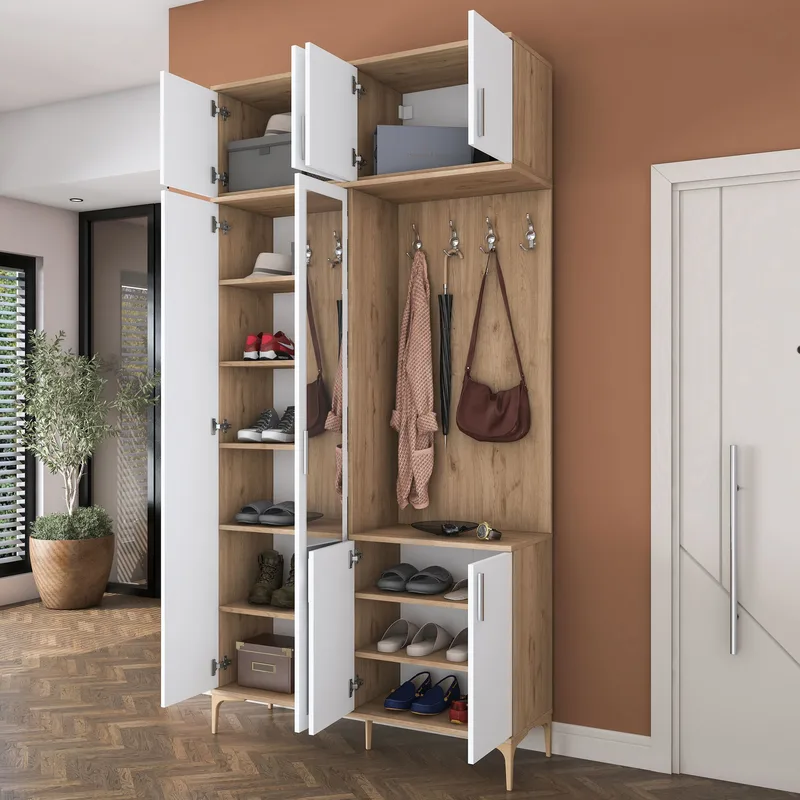 Garderobestativ Wallxpert Fenn EA153 (120 x 240 x 37,5 cm) Valnød Hvid - Valnød og hvid - Møbler - Entrémøbler - Møbelsæt til hall og entre