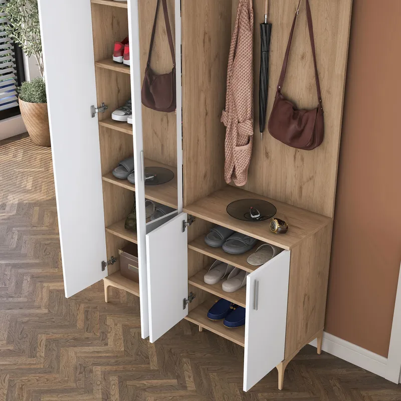 Garderobestativ Wallxpert Fenn EA153 (120 x 240 x 37,5 cm) Valnød Hvid - Valnød og hvid - Møbler - Entrémøbler - Møbelsæt til hall og entre