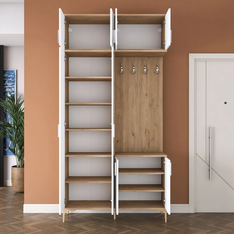 Garderobestativ Wallxpert Fenn EA153 (120 x 240 x 37,5 cm) Valnød Hvid - Valnød og hvid - Møbler - Entrémøbler - Møbelsæt til hall og entre