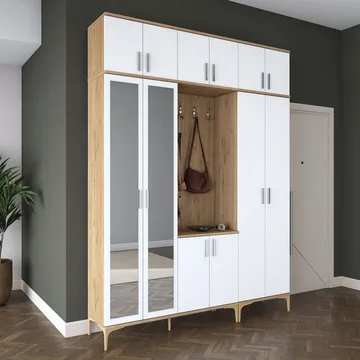 Garderobestativ Wallxpert Isla Hylde (180 x 240 x 37,5 cm) Valnød hvid - Valnød og hvid - Møbler - Entrémøbler - Møbelsæt til hall og entre