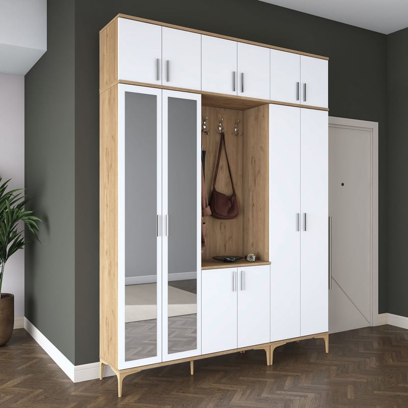 Garderobestativ Wallxpert Isla Hylde (180 x 240 x 37,5 cm) Valnød hvid - Valnød og hvid - Møbler - Entrémøbler - Møbelsæt til hall og entre