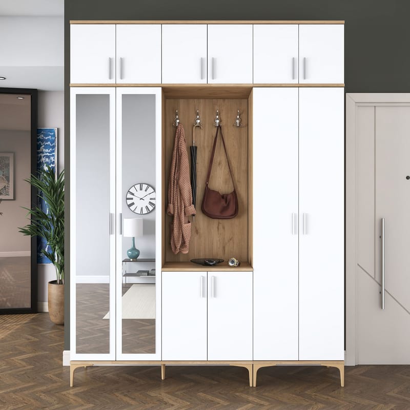Garderobestativ Wallxpert Isla Hylde (180 x 240 x 37,5 cm) Valnød hvid - Valnød og hvid - Møbler - Entrémøbler - Møbelsæt til hall og entre